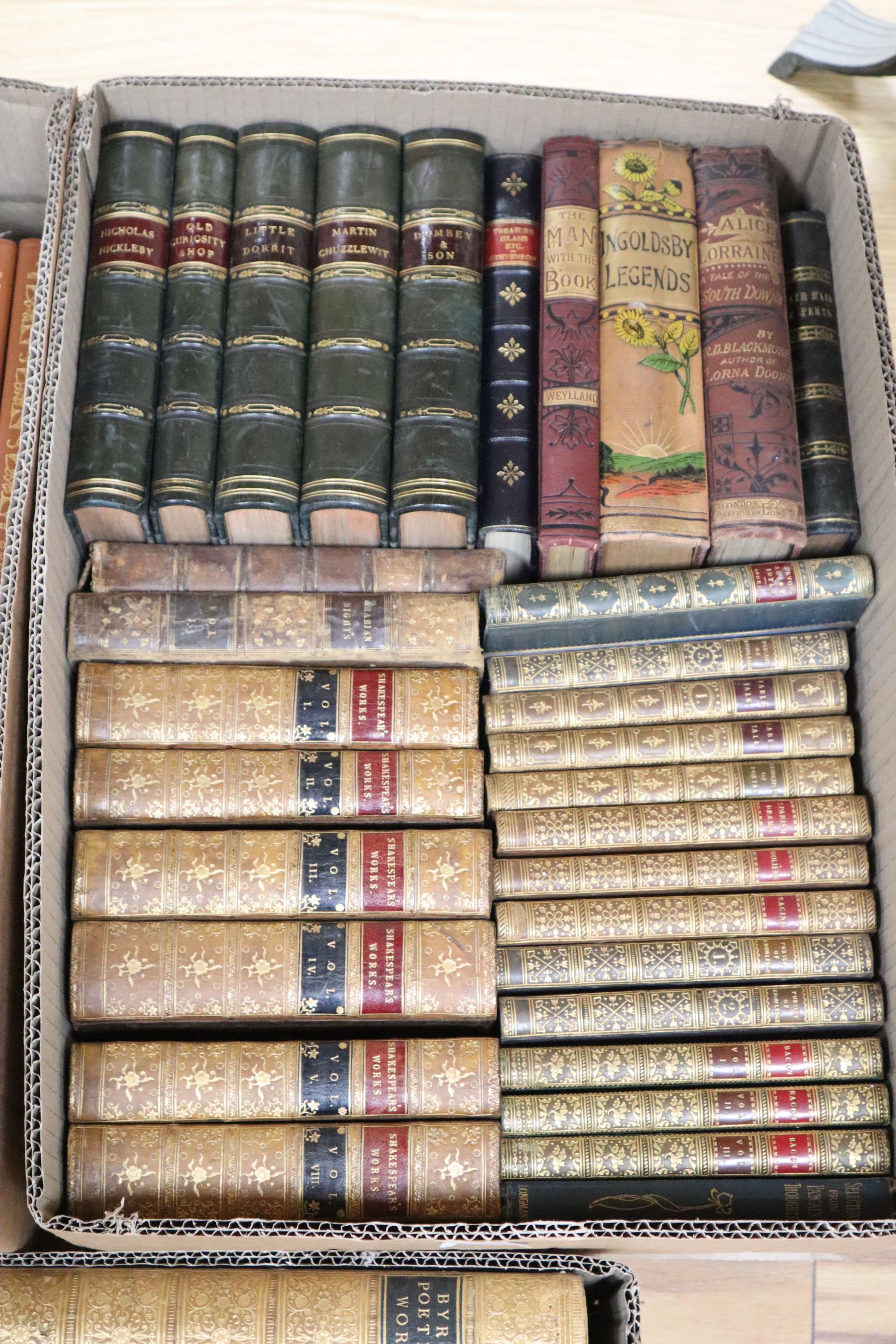 A collection of 18th/19th century leatherbound volumes, including The Spectator 1-9, Shakespeares works, etc. and a Book of Common Pra